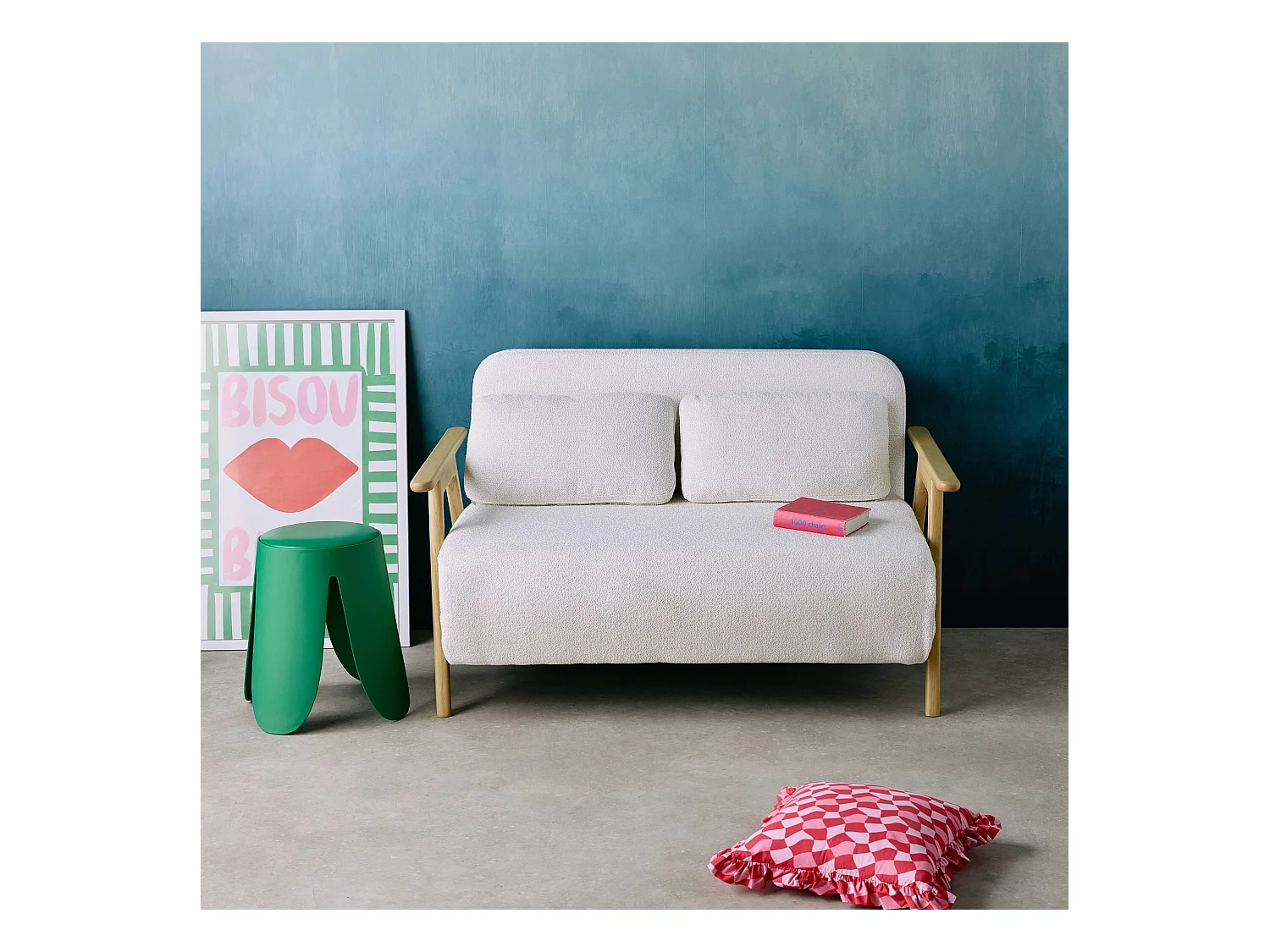 Banquette canapé convertible 2 places bois d'hévéa et bouclette texturée crème L 133 x P 81 x 84cm - Sven