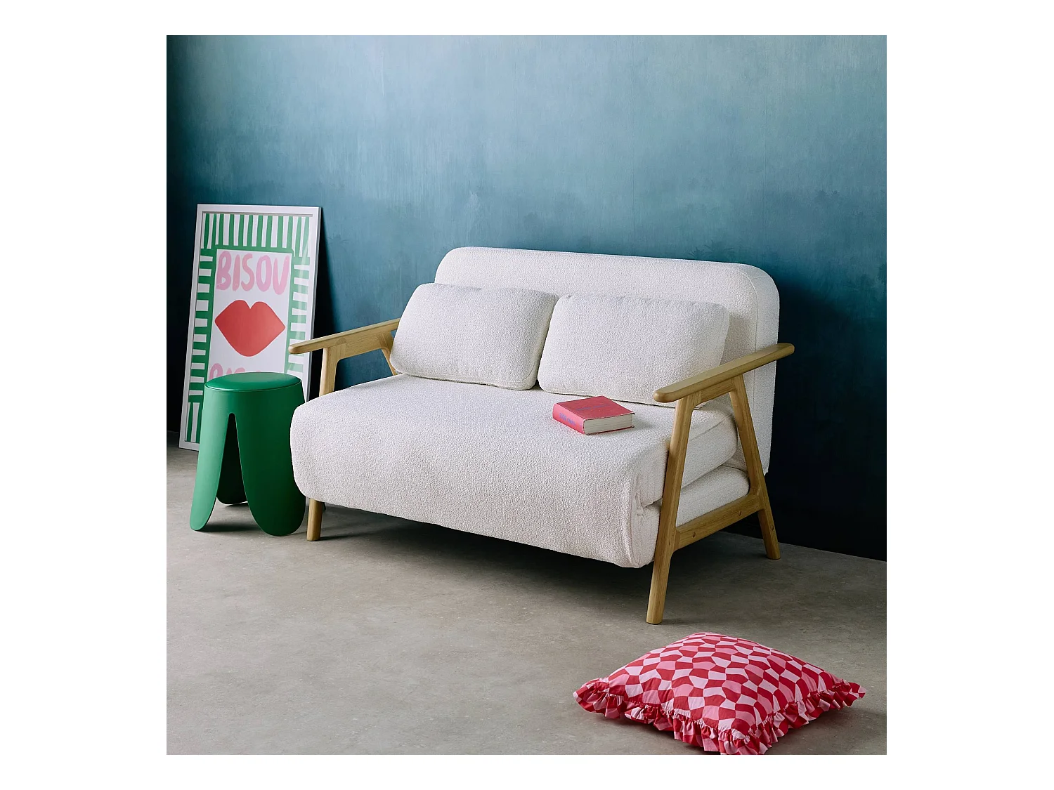 Banquette canapé convertible 2 places bois d'hévéa et bouclette texturée crème L 133 x P 81 x 84cm - Sven