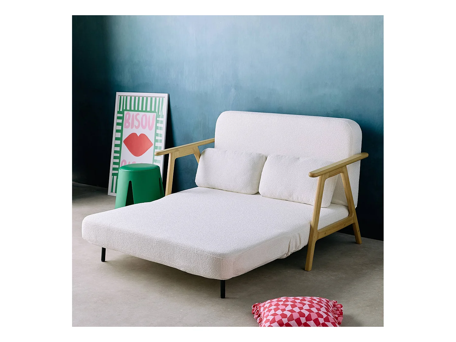 Banquette canapé convertible 2 places bois d'hévéa et bouclette texturée crème L 133 x P 81 x 84cm - Sven