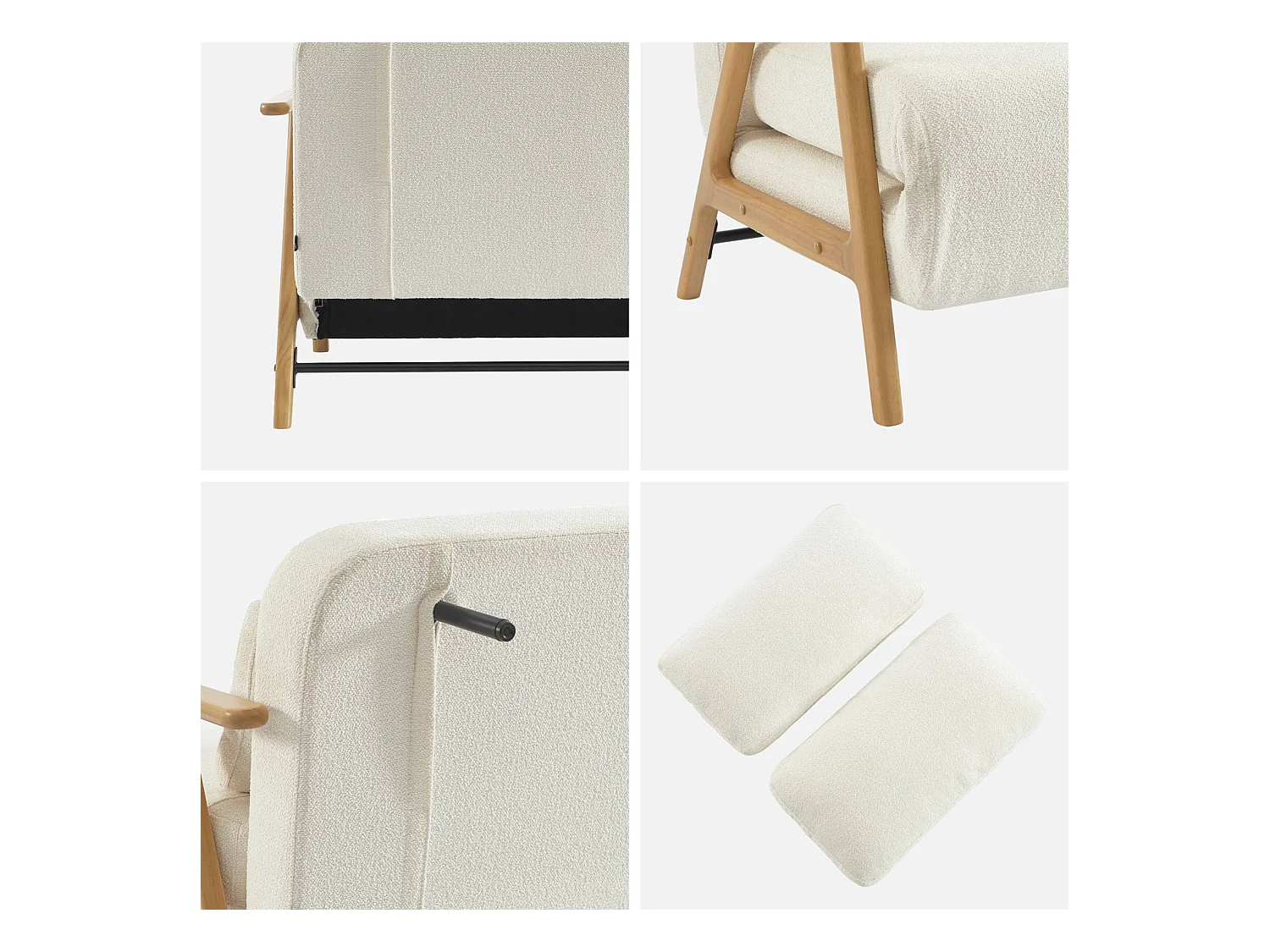 Banquette canapé convertible 2 places bois d'hévéa et bouclette texturée crème L 133 x P 81 x 84cm - Sven