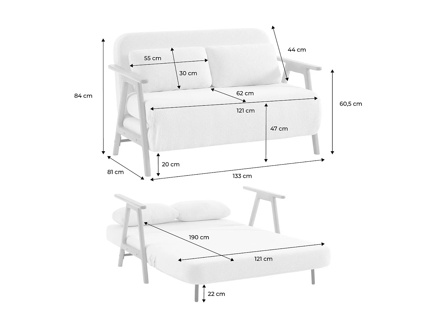 Sofá cama convertible en borreguito y madera ,  2 plazas crema