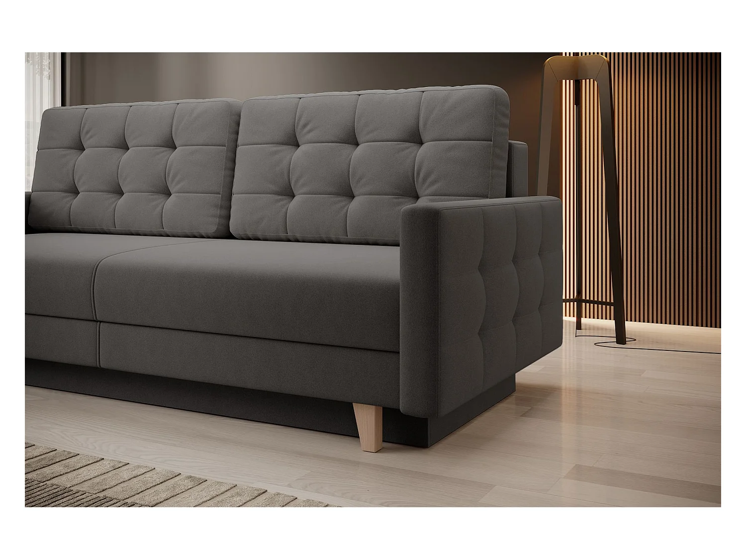 Canapé convertible 3 places – velours Easy-Clean – gris foncé – VERAT