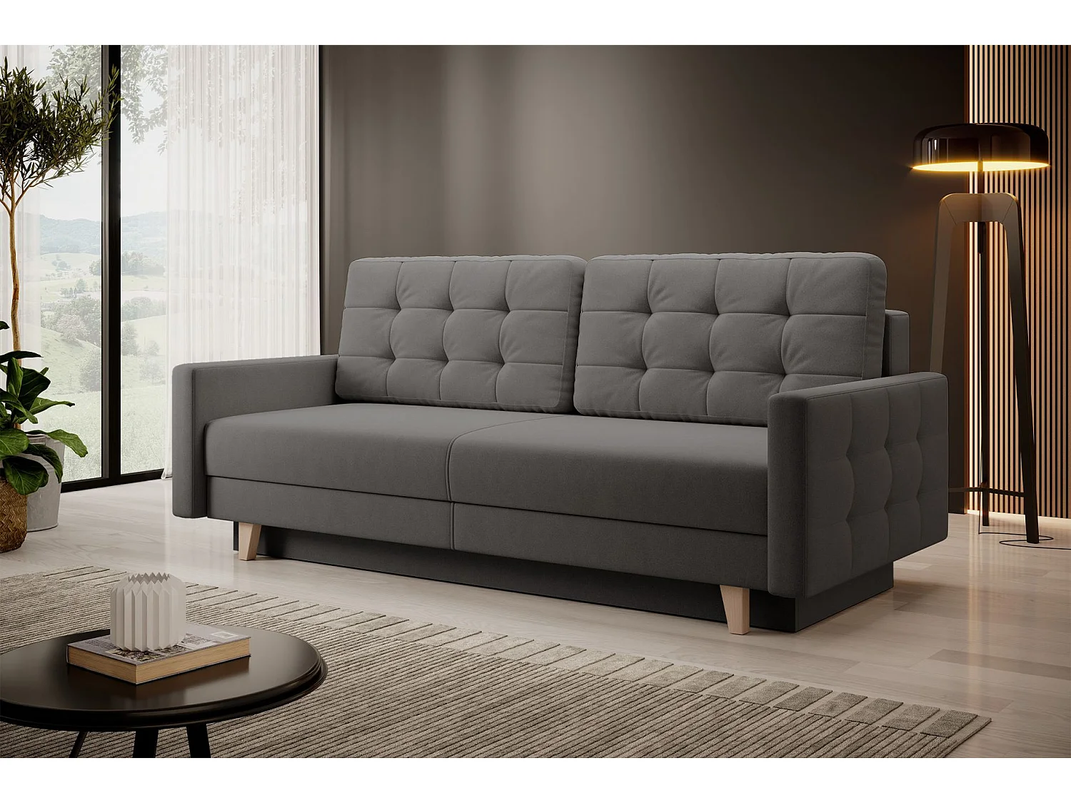 Canapé convertible 3 places – velours Easy-Clean – gris foncé – VERAT