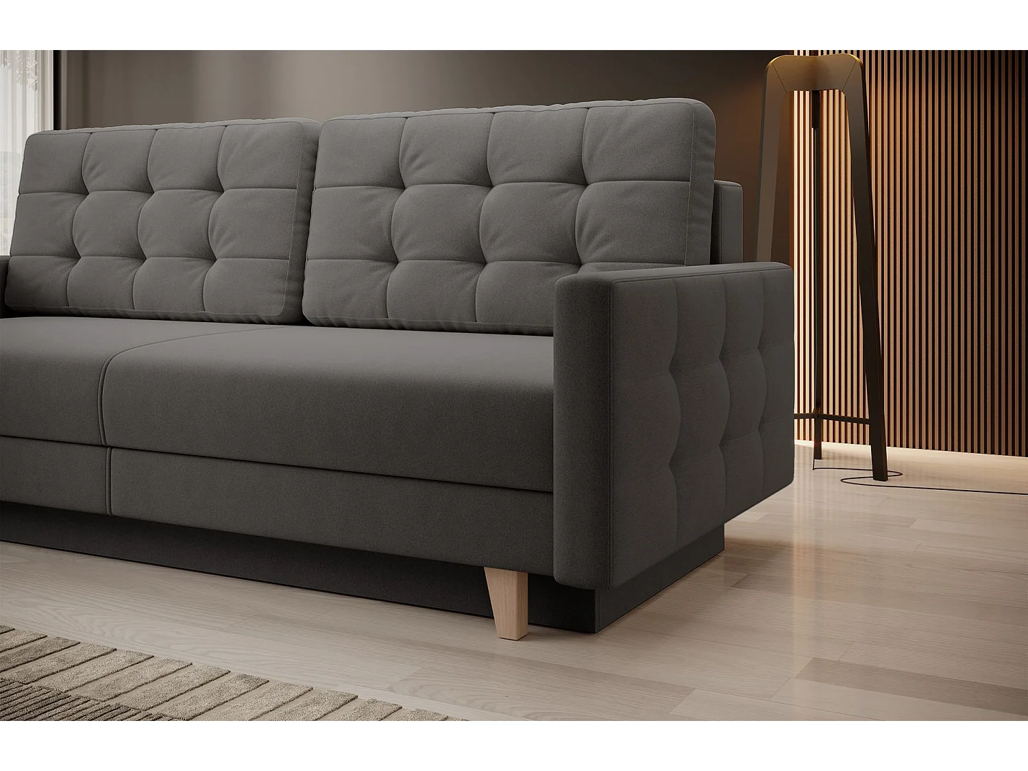 Canapé convertible 3 places – velours Easy-Clean – gris foncé – VERAT