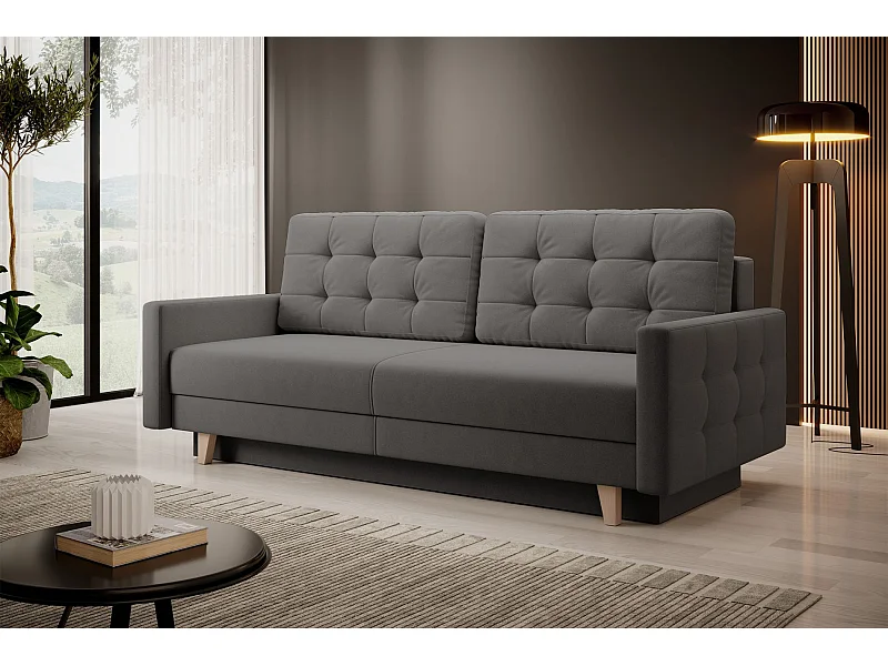 Canapé convertible 3 places – velours Easy-Clean – gris foncé – VERAT