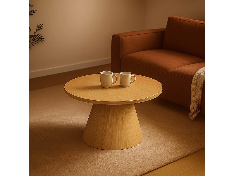 Table basse ronde 80 cm moderne effet bois clair