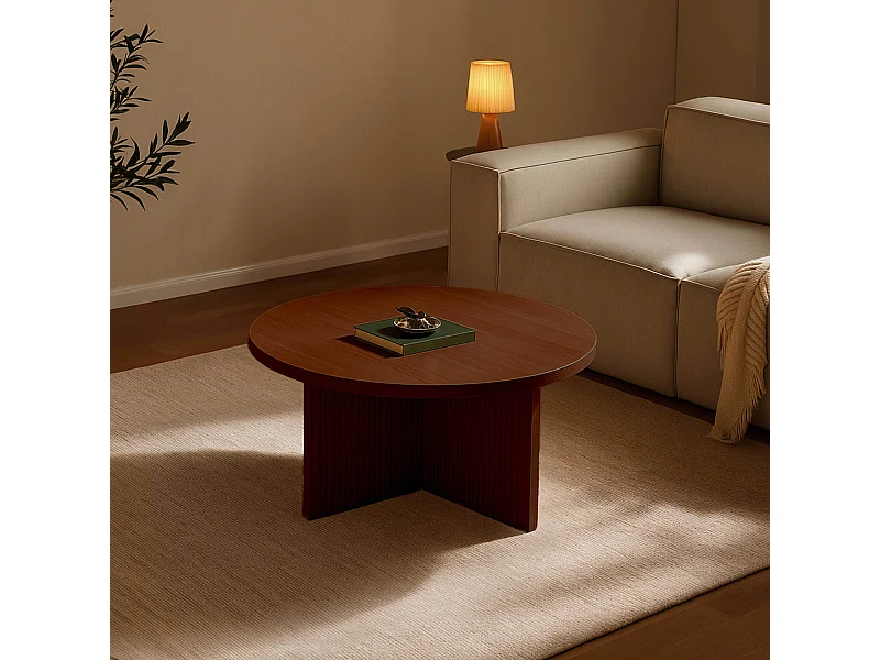 Table basse ronde 80 cm scandinave effet bois foncé