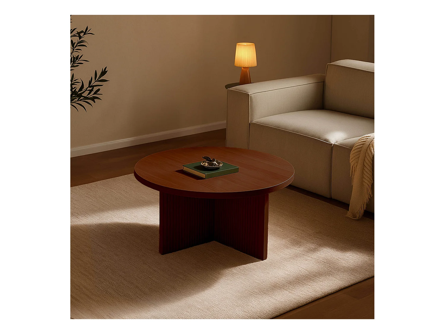 Table basse ronde 80 cm scandinave effet bois foncé