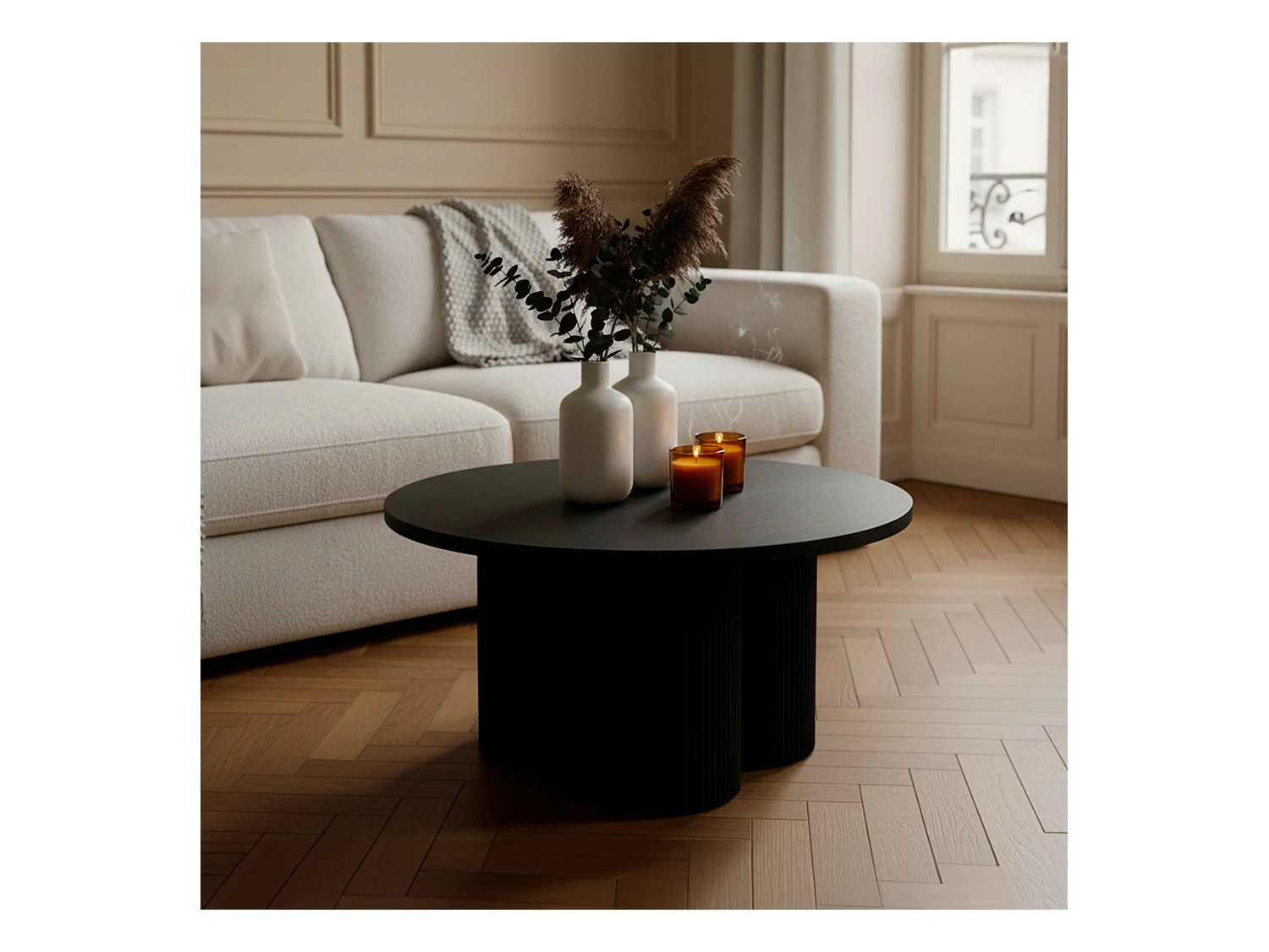 Table basse ronde 80 cm scandinave bois noir