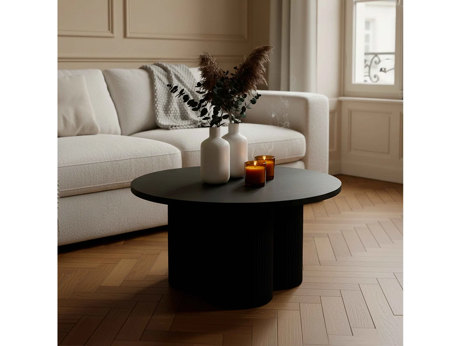 Table basse ronde 80 cm scandinave bois noir