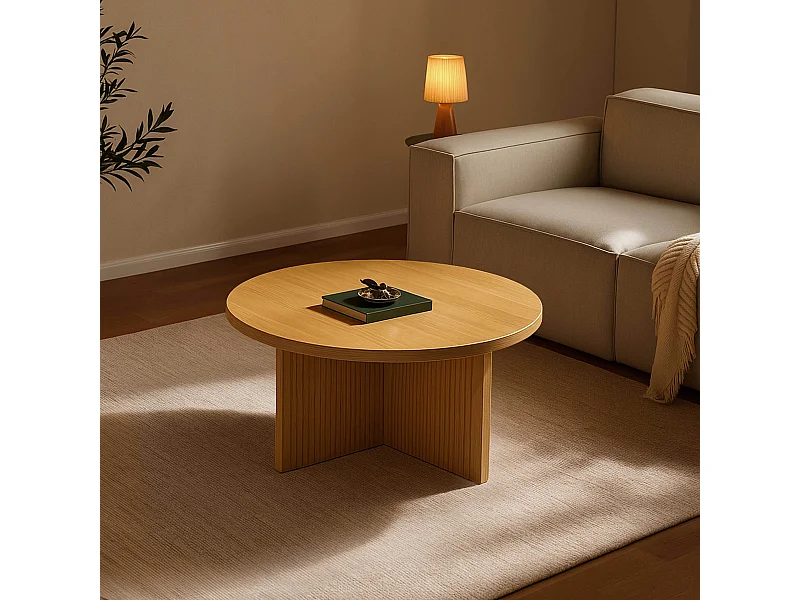 Ronde Scandinavische salontafel van 80 cm met licht houteffect