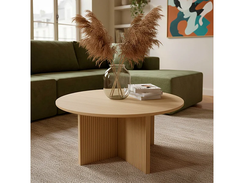 Table basse ronde 80 cm scandinave effet bois clair
