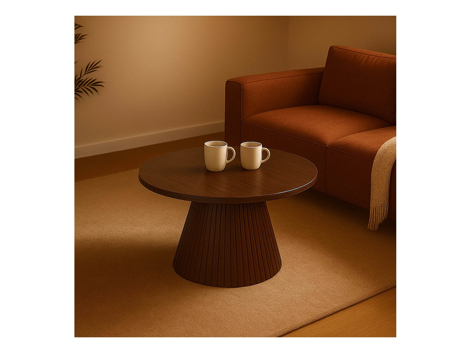 Table basse ronde 80 cm moderne effet bois foncé