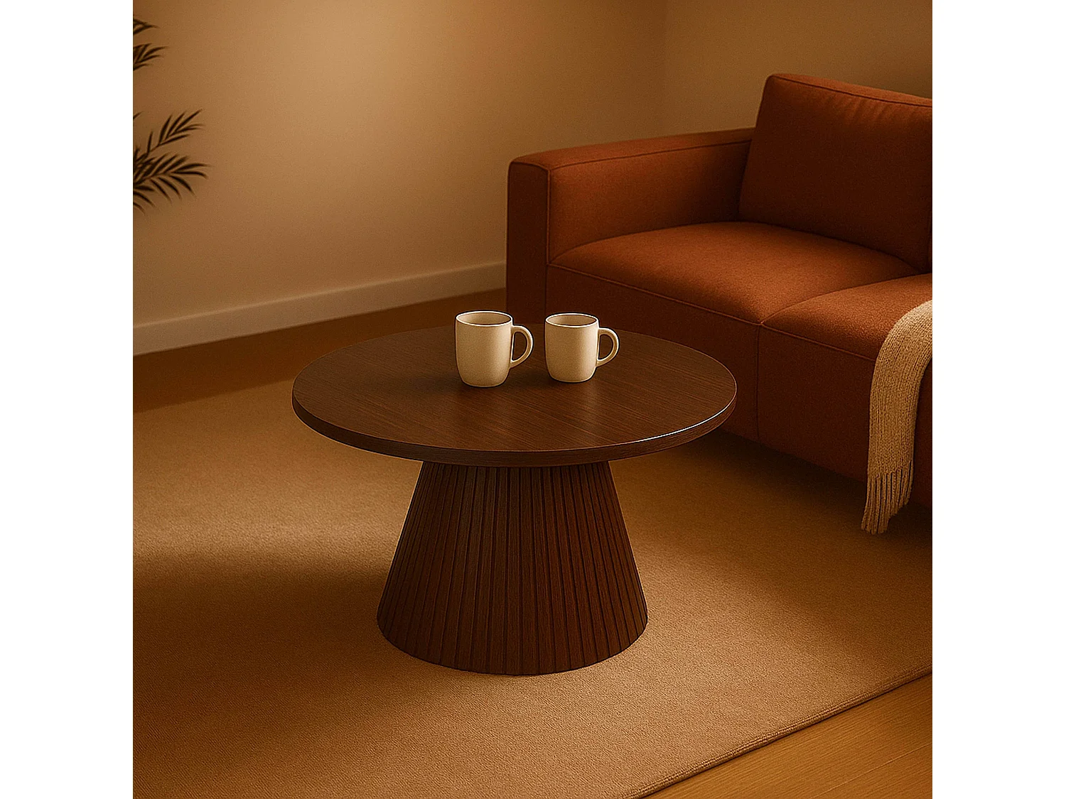 Table basse ronde 80 cm moderne effet bois foncé