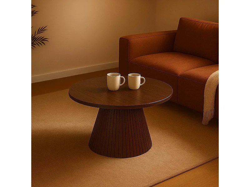 Table basse ronde 80 cm moderne effet bois foncé