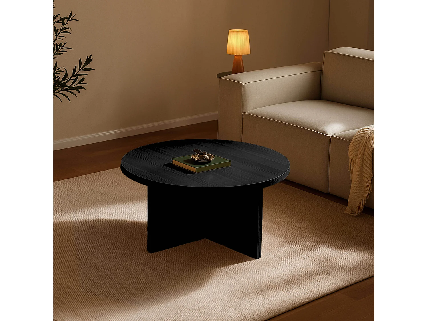 Table basse ronde 80 cm scandinave effet bois noir