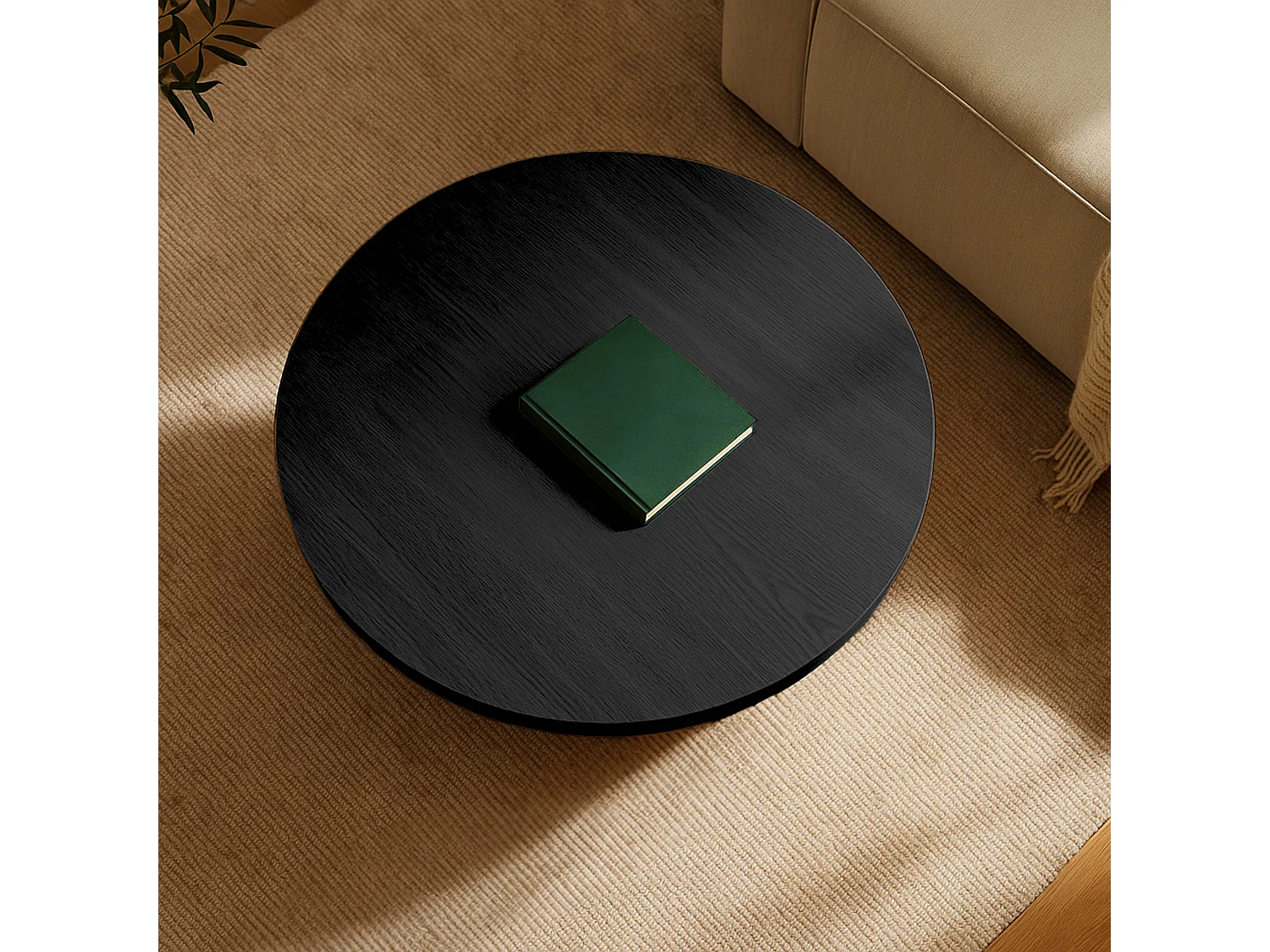 Table basse ronde 80 cm scandinave effet bois noir