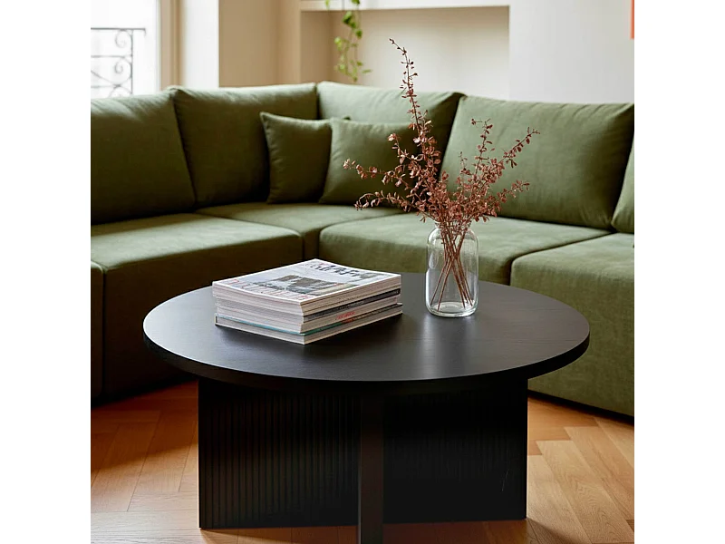 Ronde Scandinavische salontafel van 80 cm met zwart houtlook