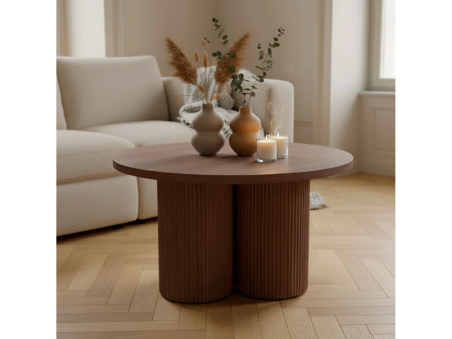 Table basse ronde 80 cm scandinave bois foncé