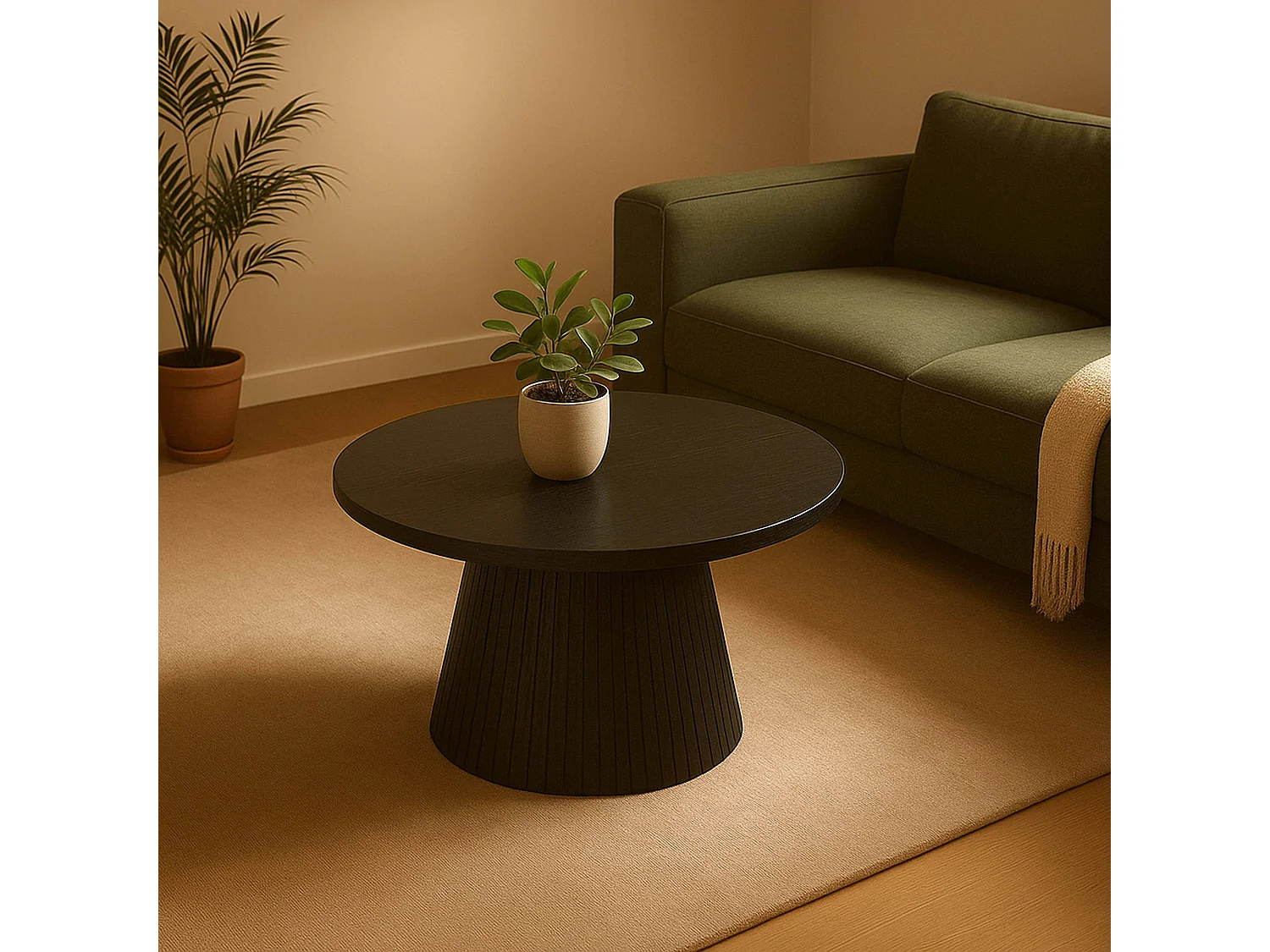 Table basse ronde 80 cm moderne effet bois noir