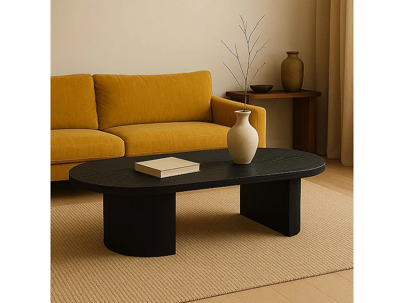 Table basse ovale 120 cm moderne effet bois noir