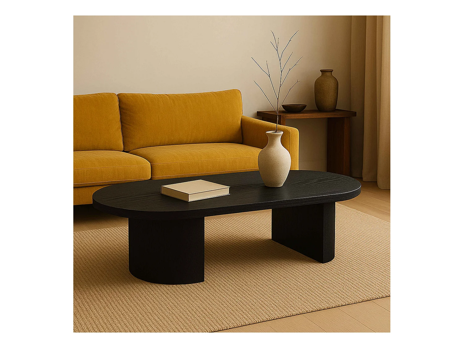 Table basse ovale 120 cm moderne effet bois noir