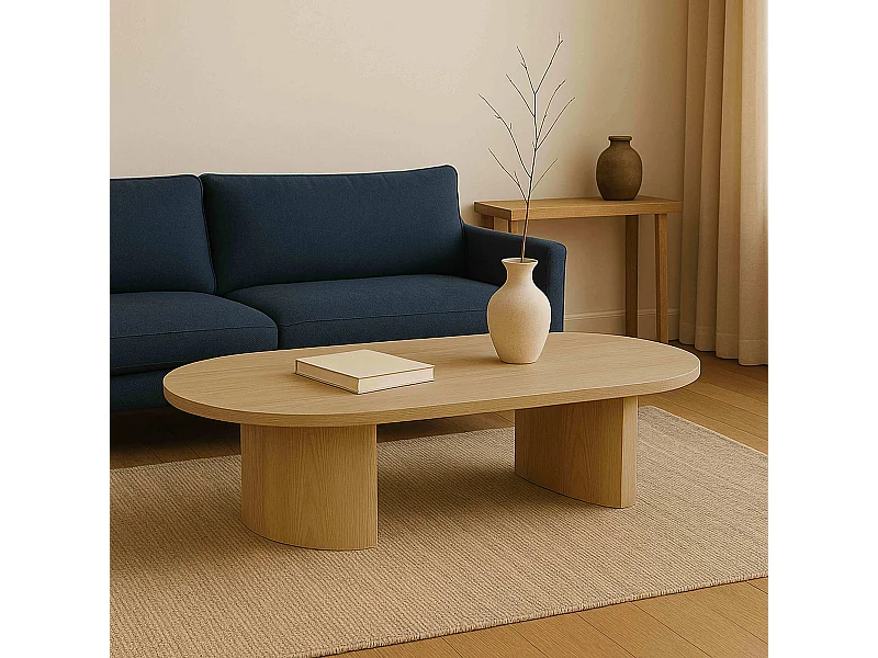 Table basse ovale 120 cm moderne effet bois clair