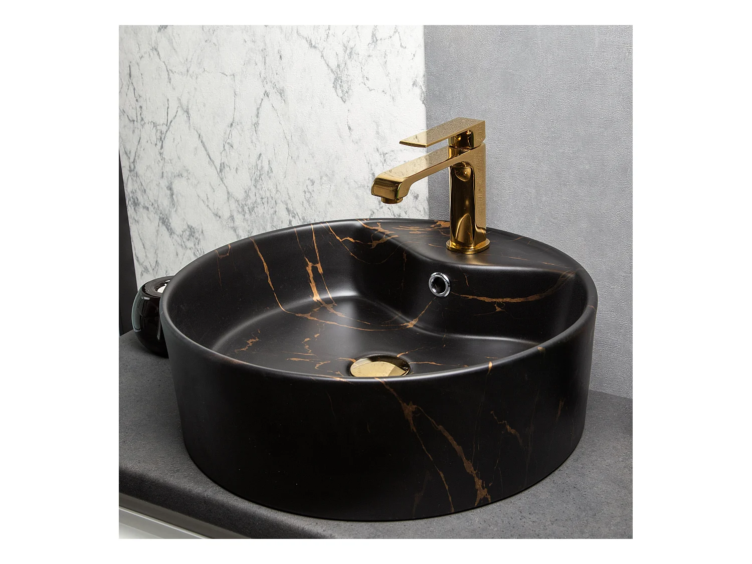 Vasque à poser ronde en céramique TANZA finition marbre noir doré Ø46 cm