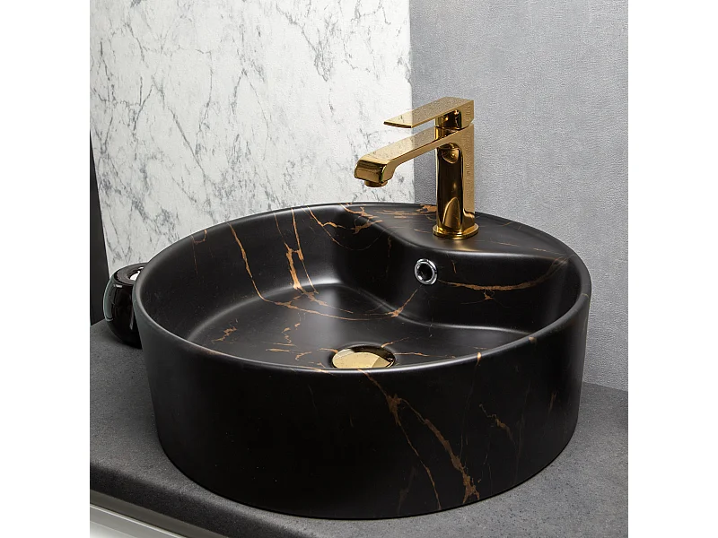 Vasque à poser ronde en céramique TANZA finition marbre noir doré Ø46 cm