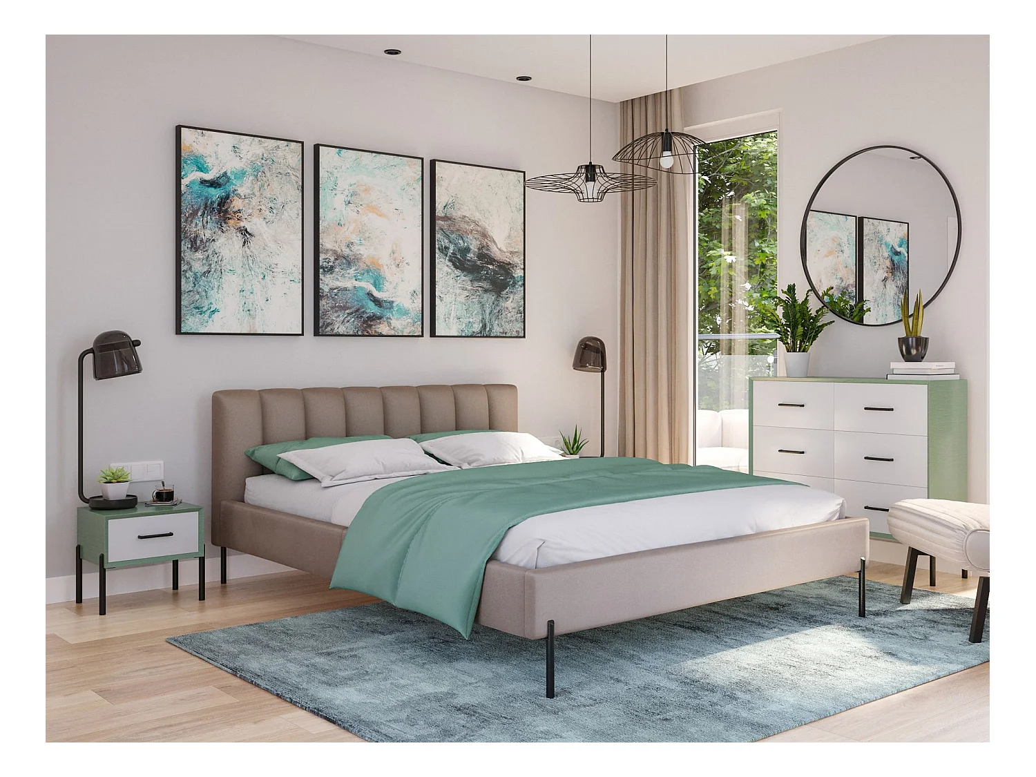 Lit rembourré 160x200 cm avec sommier à lattes – en velours – grège – MILANNO