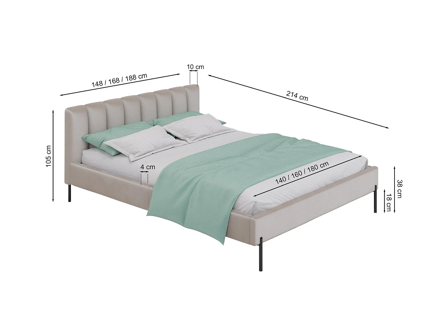 Lit rembourré 160x200 cm avec sommier à lattes – en velours – grège – MILANNO