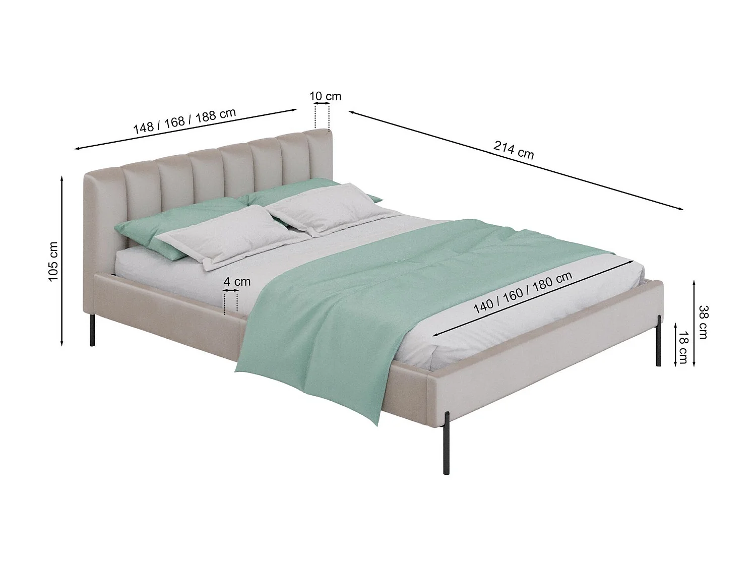 Lit rembourré 160x200 cm avec sommier à lattes – en velours – grège – MILANNO