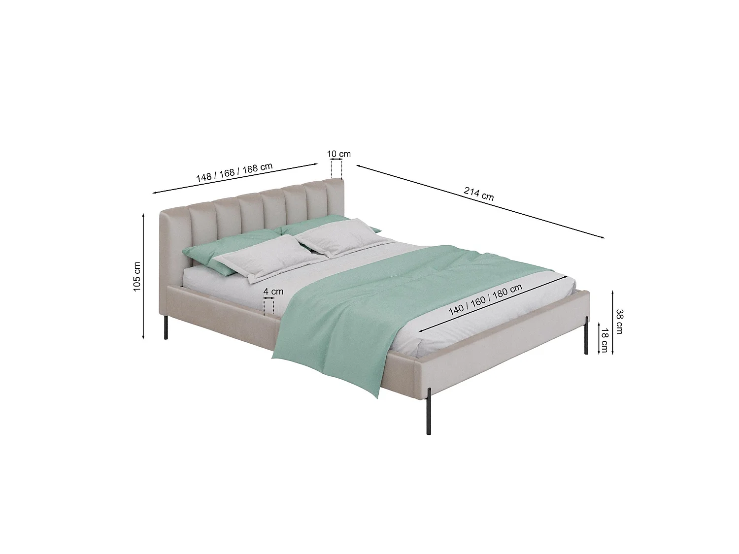 Lit rembourré 160x200 cm avec sommier à lattes – en velours – grège – MILANNO