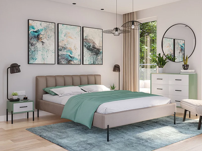 Lit rembourré 160x200 cm avec sommier à lattes – en velours – grège – MILANNO