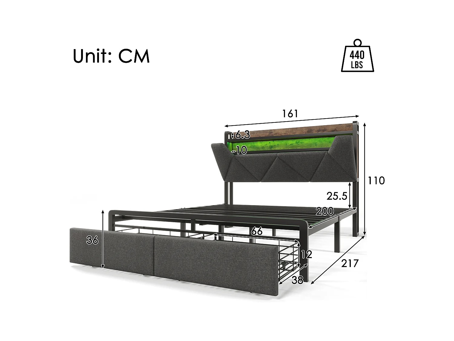 Lit adulte 160x200cm avec cadre métallique et 1 tiroir - tête de lit rangement USB et LED - lin gris (sans matelas)
