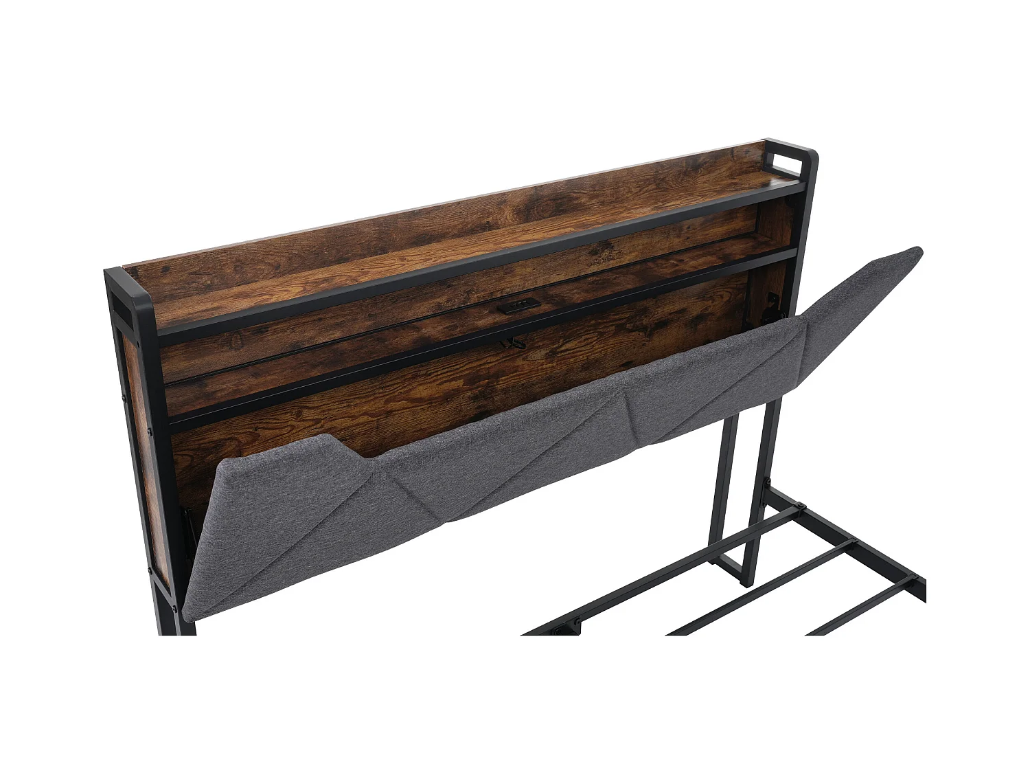 Lit adulte 160x200cm avec cadre métallique et 1 tiroir - tête de lit rangement USB et LED - lin gris (sans matelas)