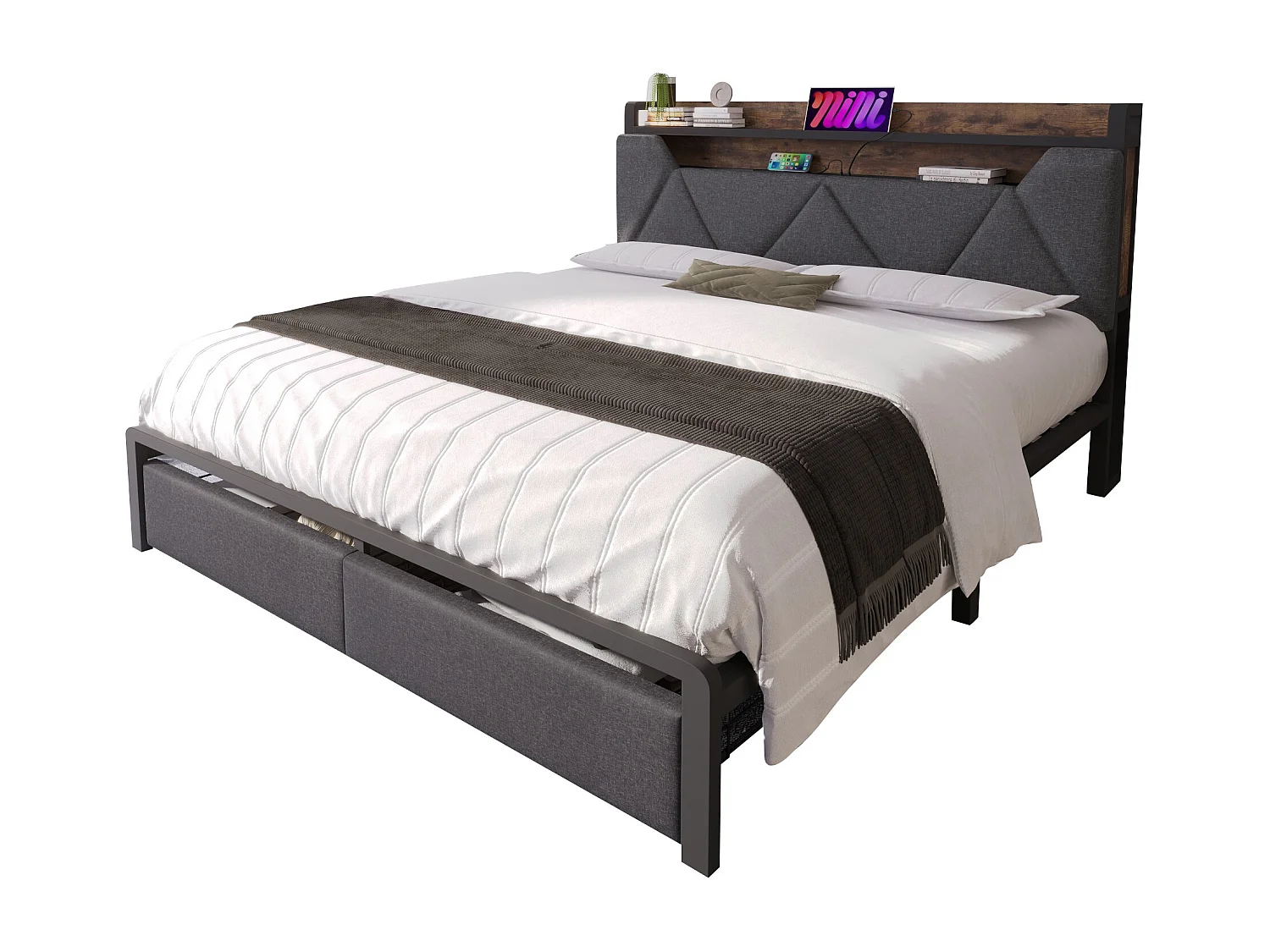 Lit 160x200 avec tête de lit rangement et station de charge USB et LED, avec 2 tiroirs, lin, gris (Sans matelas)