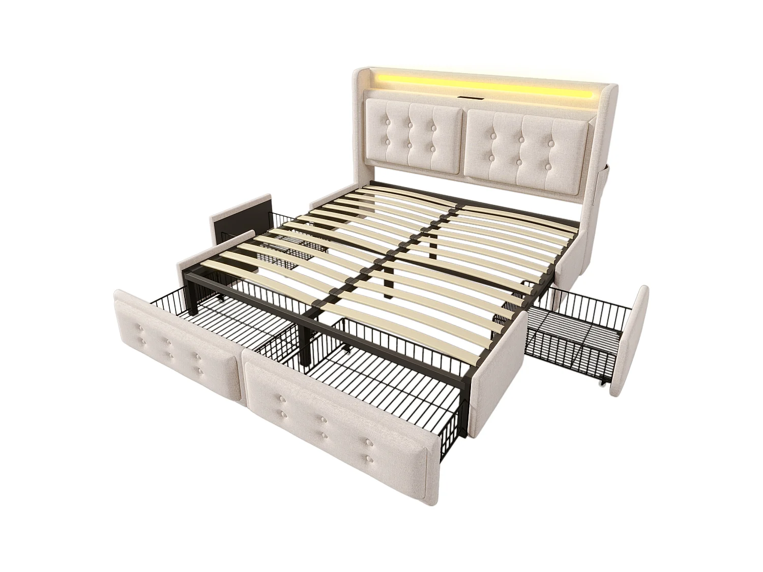 Lit adulte double 160x200 cm avec sommier et 4 tiroirs - tête de lit rembourrée LED et USB - coton - beige (sans matelas)