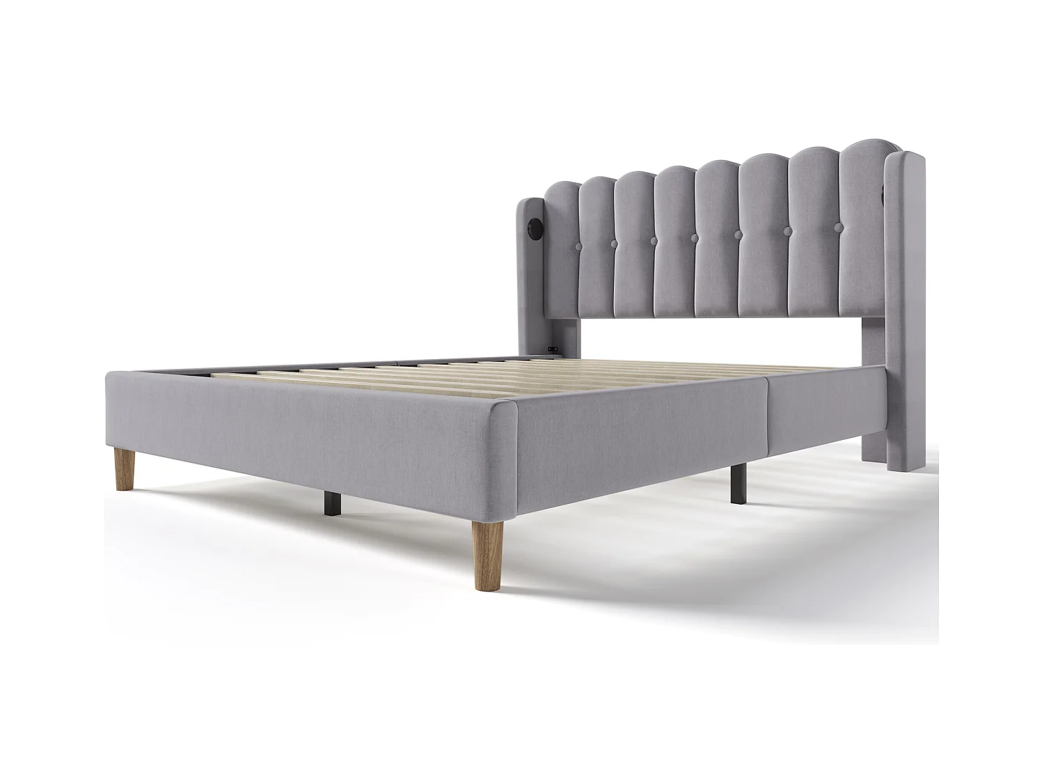 Lit adulte 160x200cm avec sommier - tête de lit capitonnée avec USB - cadre de lit en bois - lin gris (sans matelas)