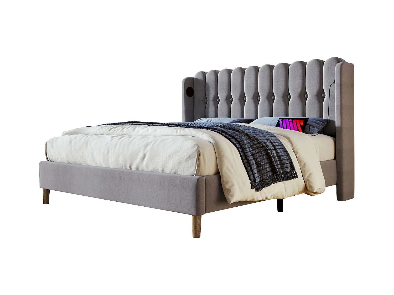 Lit adulte 160x200cm avec sommier - tête de lit capitonnée avec USB - cadre de lit en bois - lin gris (sans matelas)