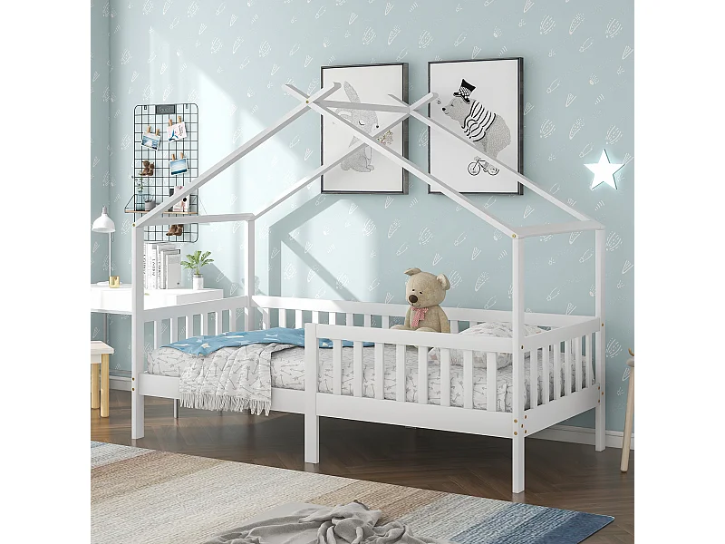 Cama infantil 90x200cm cama casita estilo moderno barreras de seguridad gran capacidad madera habitación blanco (Sin colchón)