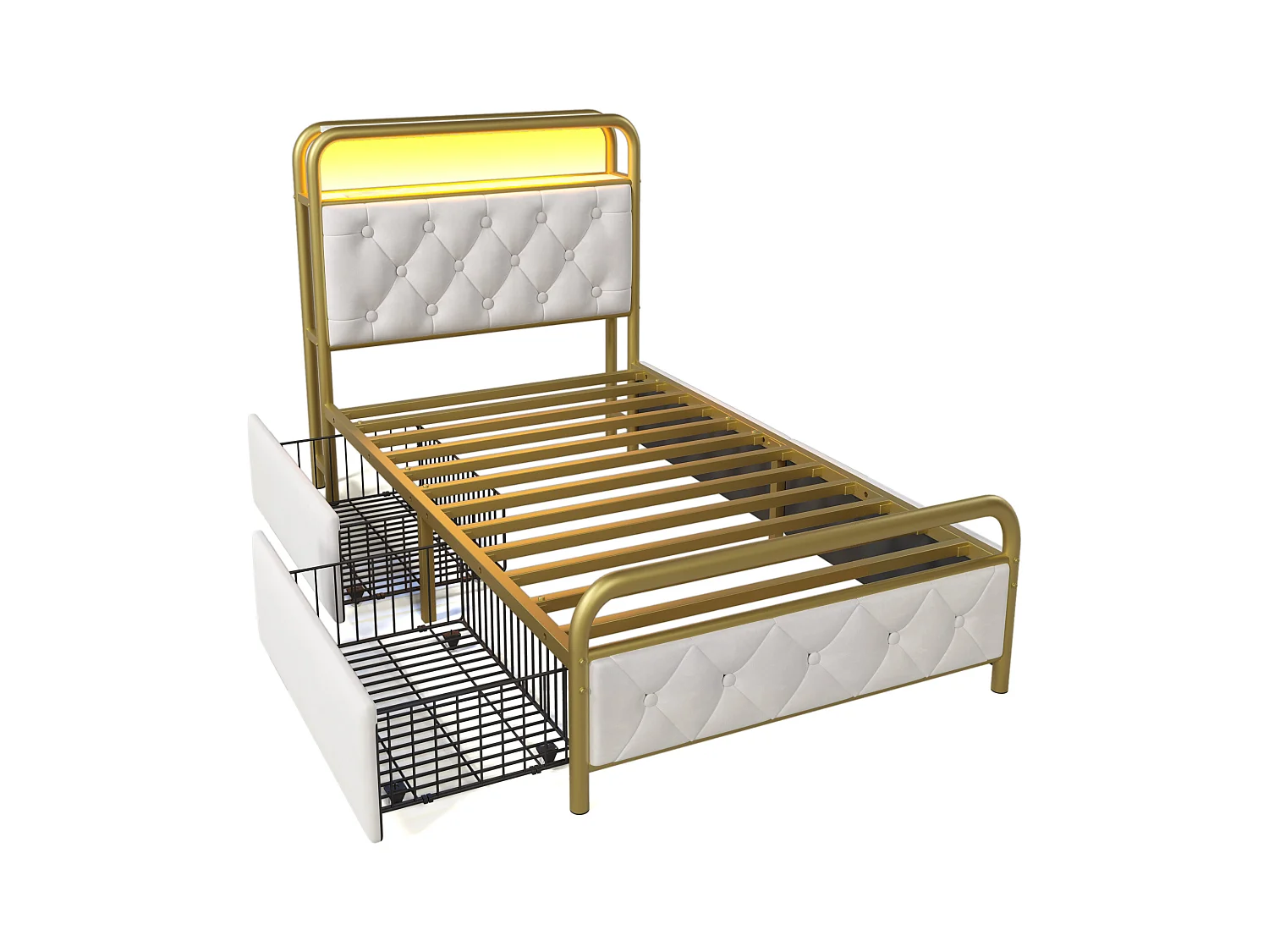 Eenpersoonsbed kinderbed 90x200 cm met lattenbodem en 2 lades - metalen bedframe met USB en LED - fluweel - wit (zonder matras)