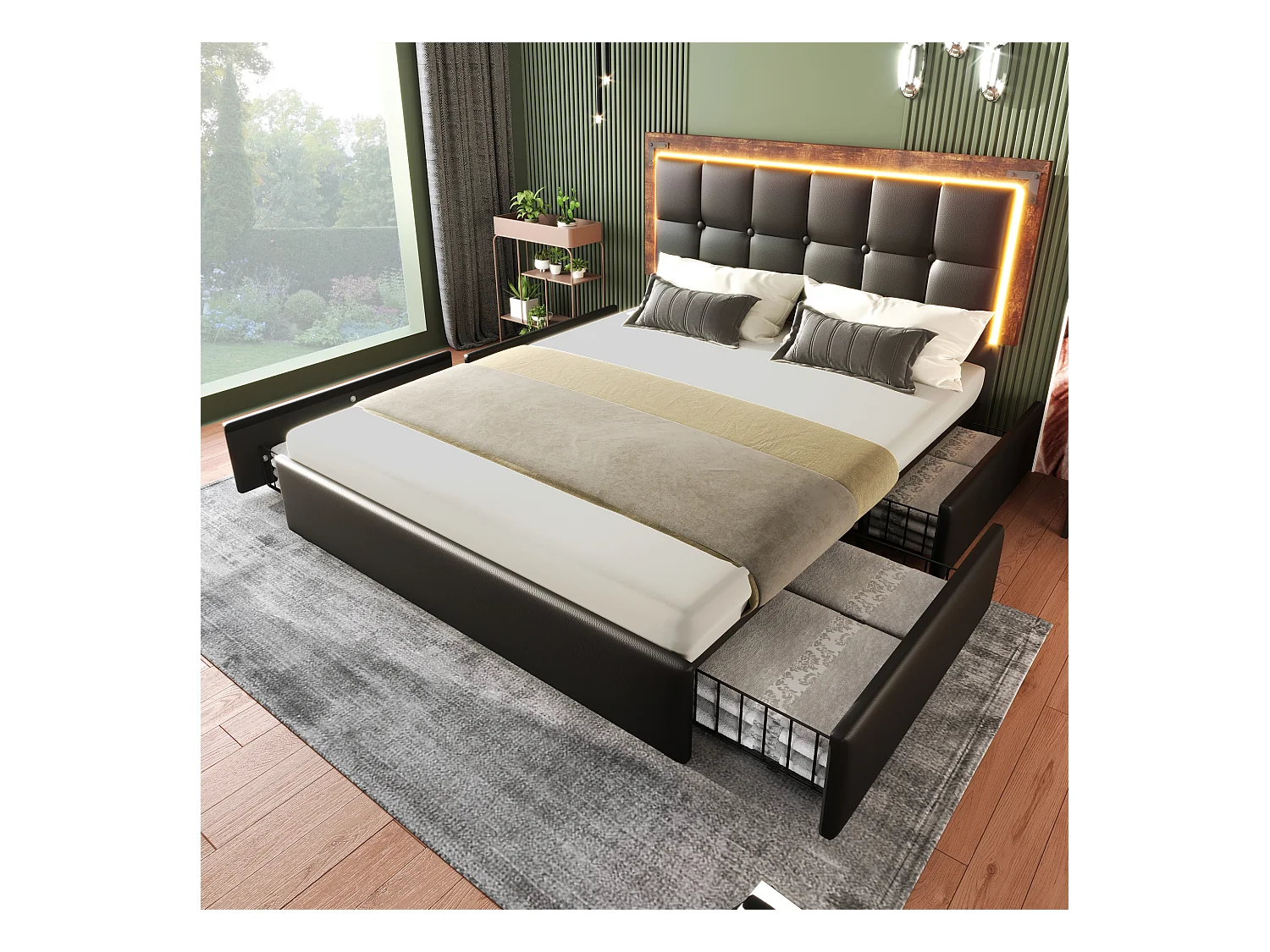 Lit adulte 140x200cm avec sommier et 4 tiroirs - tête de lit réglable avec LED - similicuir - noir (sans matelas)