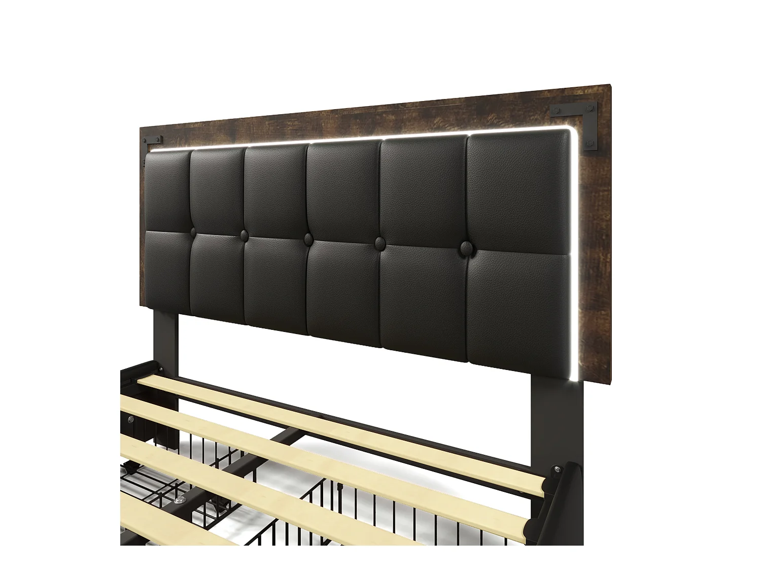 Lit adulte 140x200cm avec sommier et 4 tiroirs - tête de lit réglable avec LED - similicuir - noir (sans matelas)