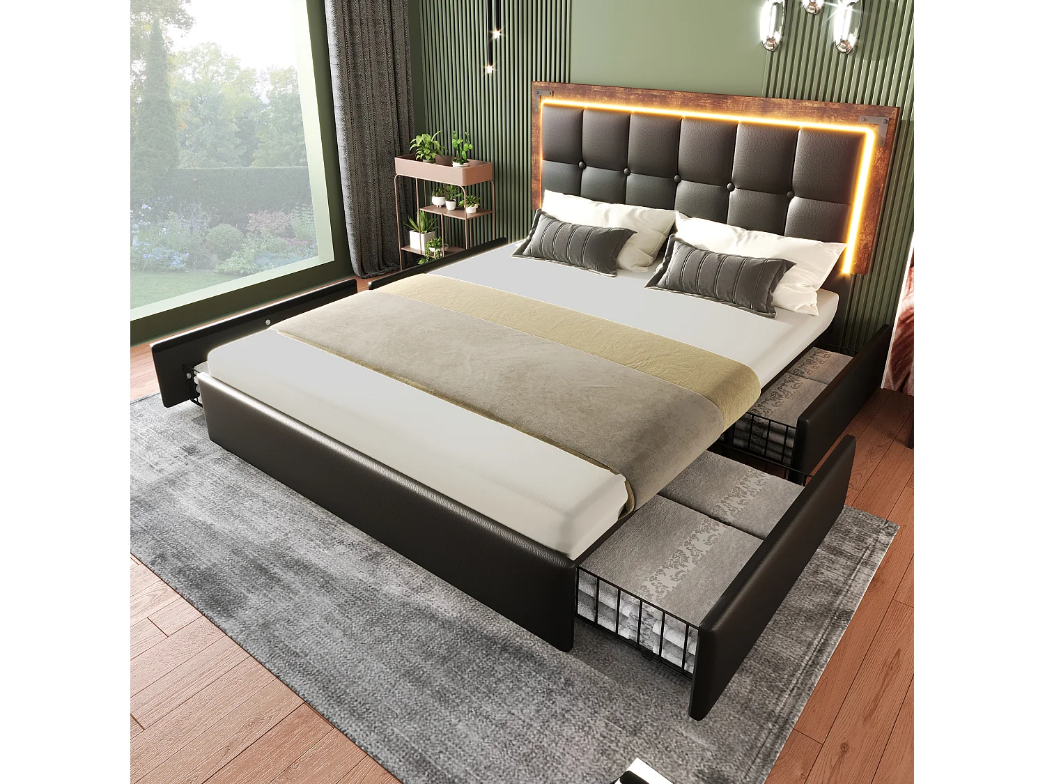 Lit 140x200 avec éclairage LED, avec 4 tiroirs et tête de lit réglable, en PU, noir (Sans matelas)