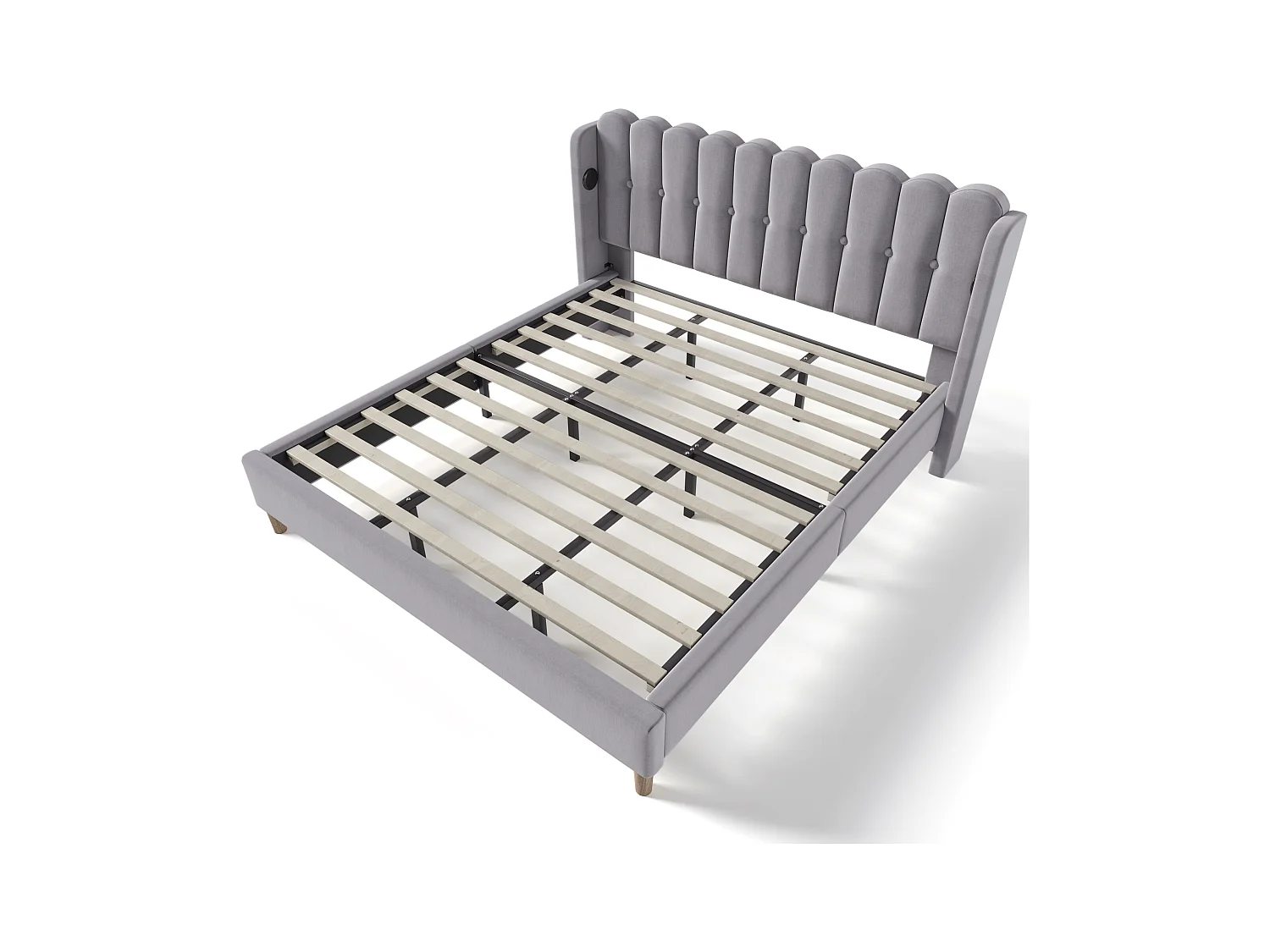Lit adulte 180x200cm avec sommier - tête de lit capitonnée avec USB - cadre de lit en bois - lin gris (sans matelas)