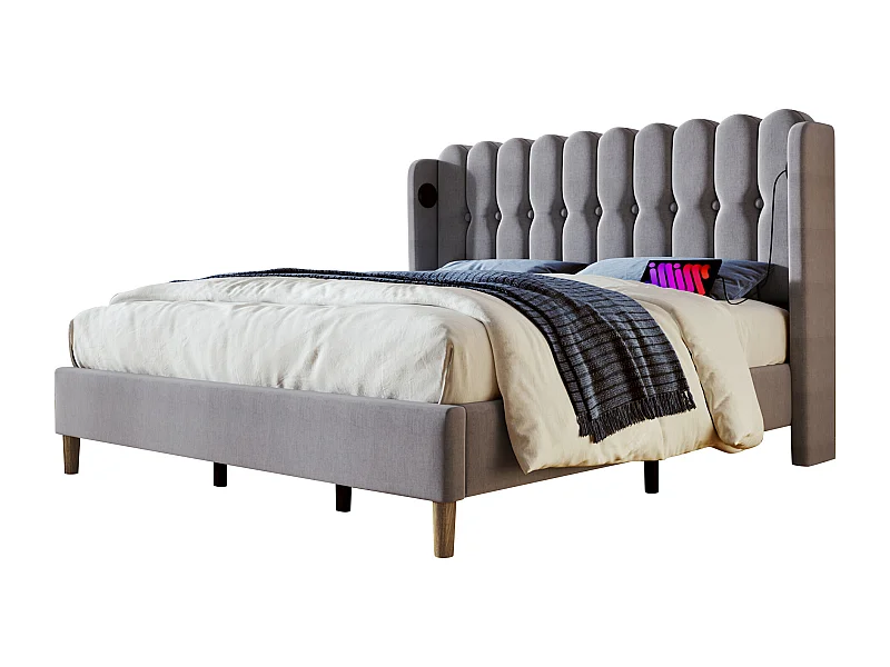 Lit rembourré 180x200 avec ports USB et Type C, avec sommier à lattes en lin, gris (Sans matelas)