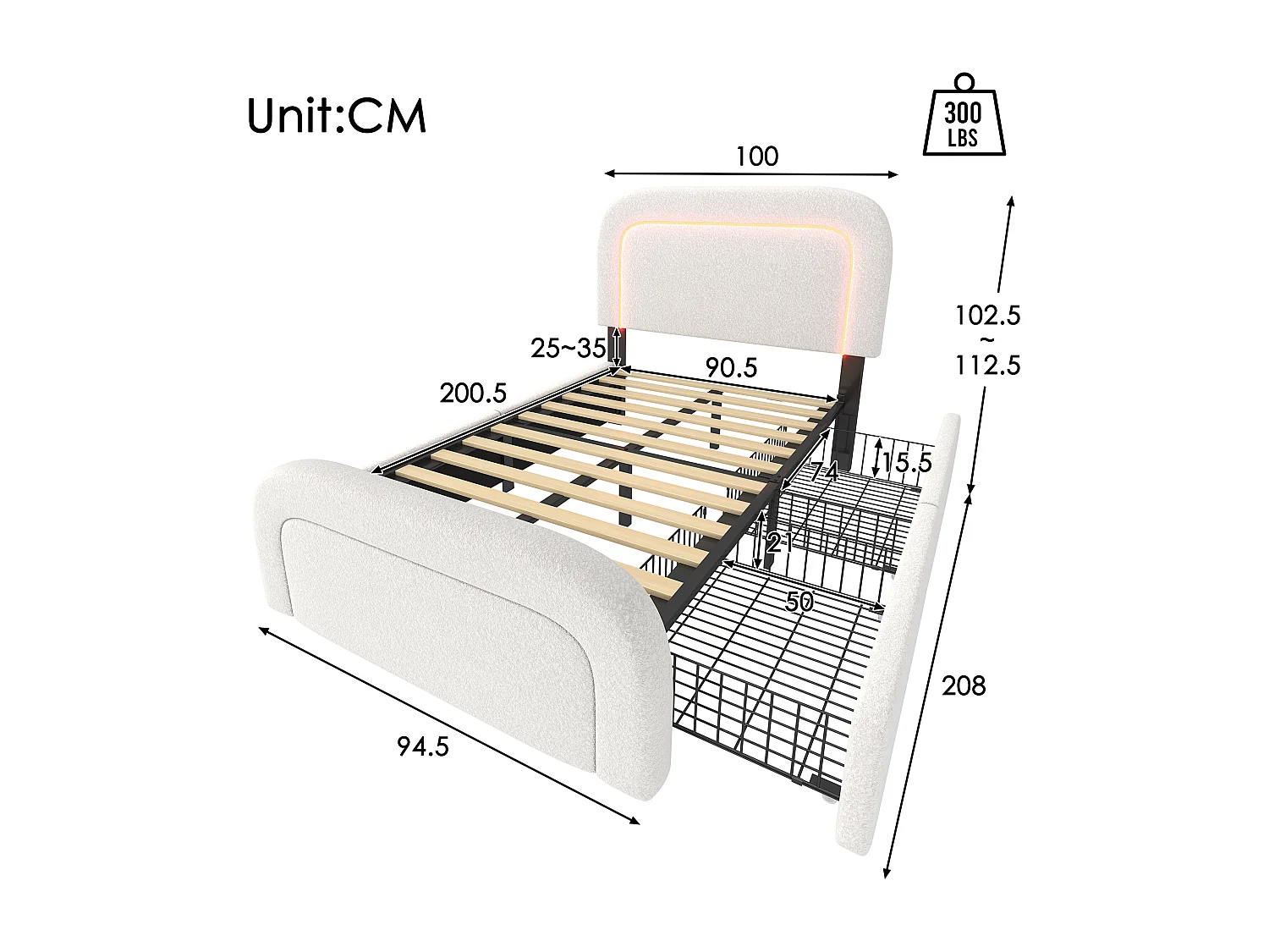 Lit 90x200 avec ports USB et Type C, avec LED, avec 2 tiroirs, en sherpa, blanc (Sans matelas)