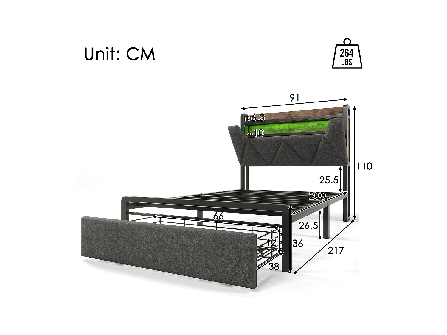 Cama individual infantil 90x200cm con estructura de metal y 1 cajón - Cabecero con almacenaje USB y LED - Lino gris (sin colchón)