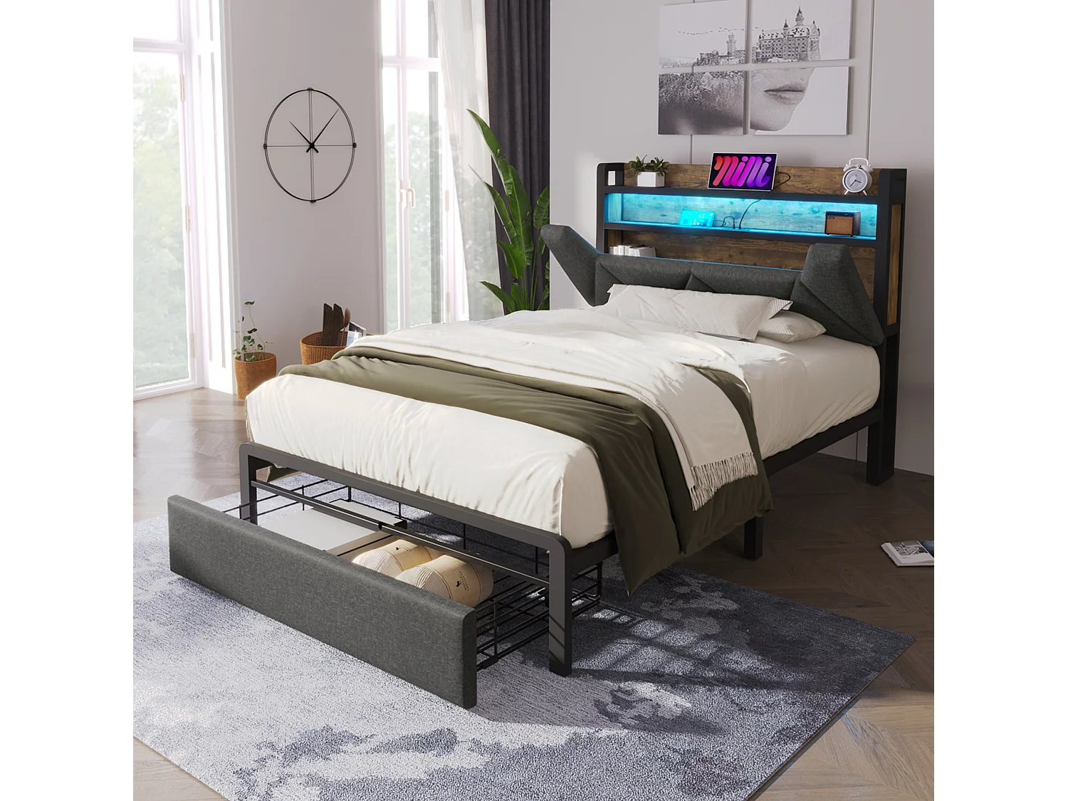 Lit 90x200 avec tête de lit avec rangement, avec ports USB et USB C, avec LED et tiroir, en lin, gris (Sans matelas)